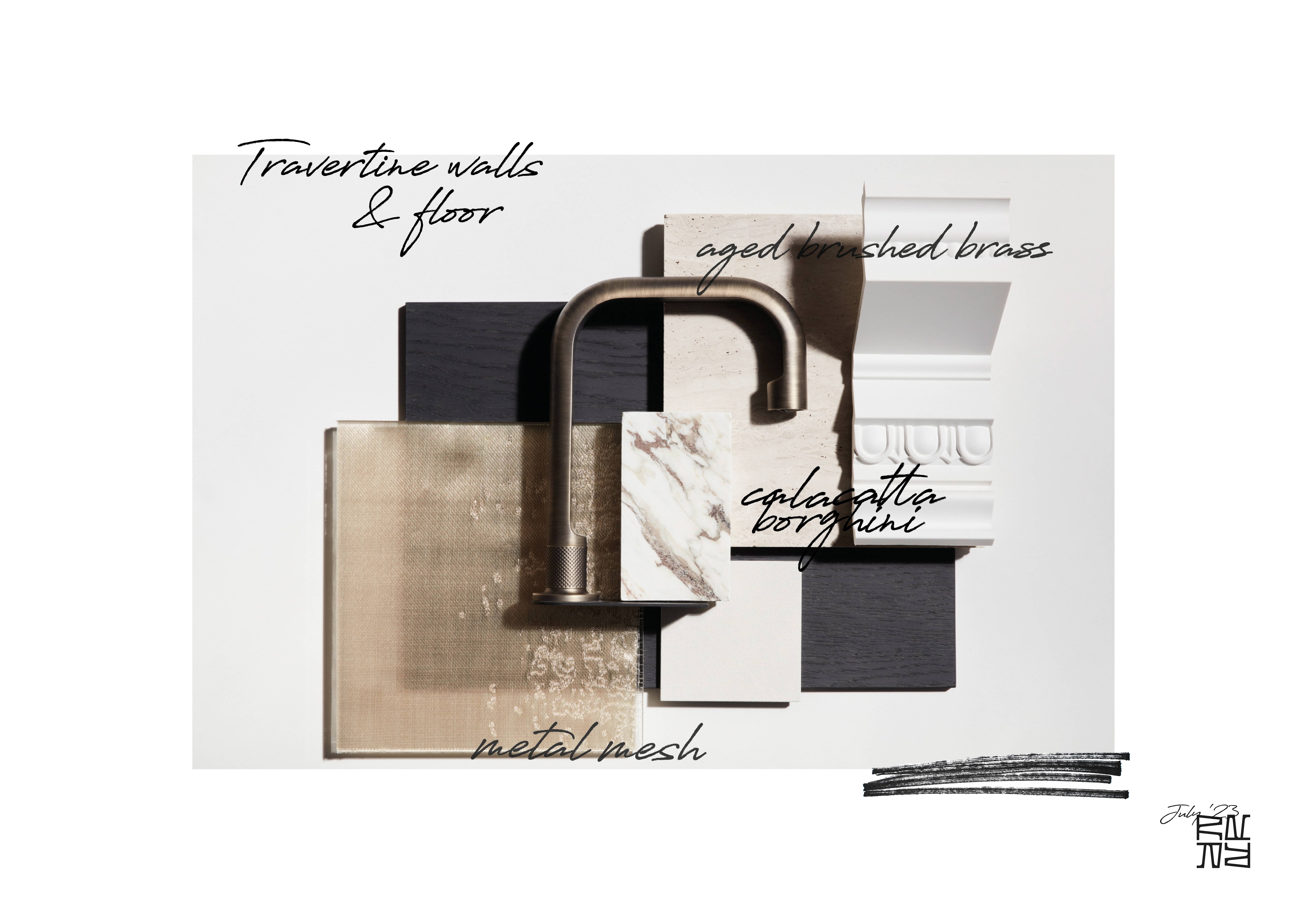 Material Moodboard Calacata Borghini aged brushed brass Gessi Faucets Travertine Reimann Architecture