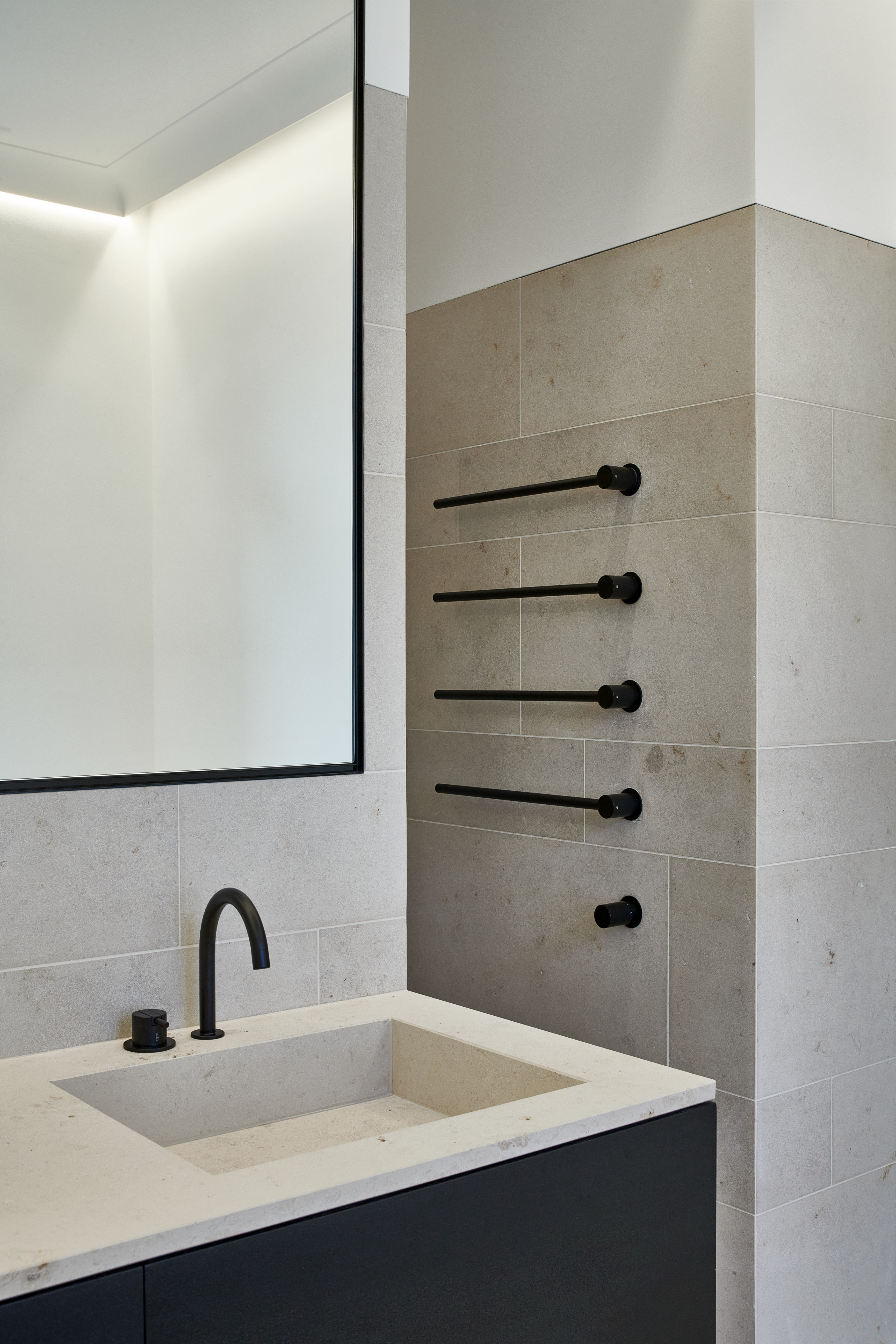 Jura Limestone sandstone Vola heated towel rail Vola fitting modern bathroom