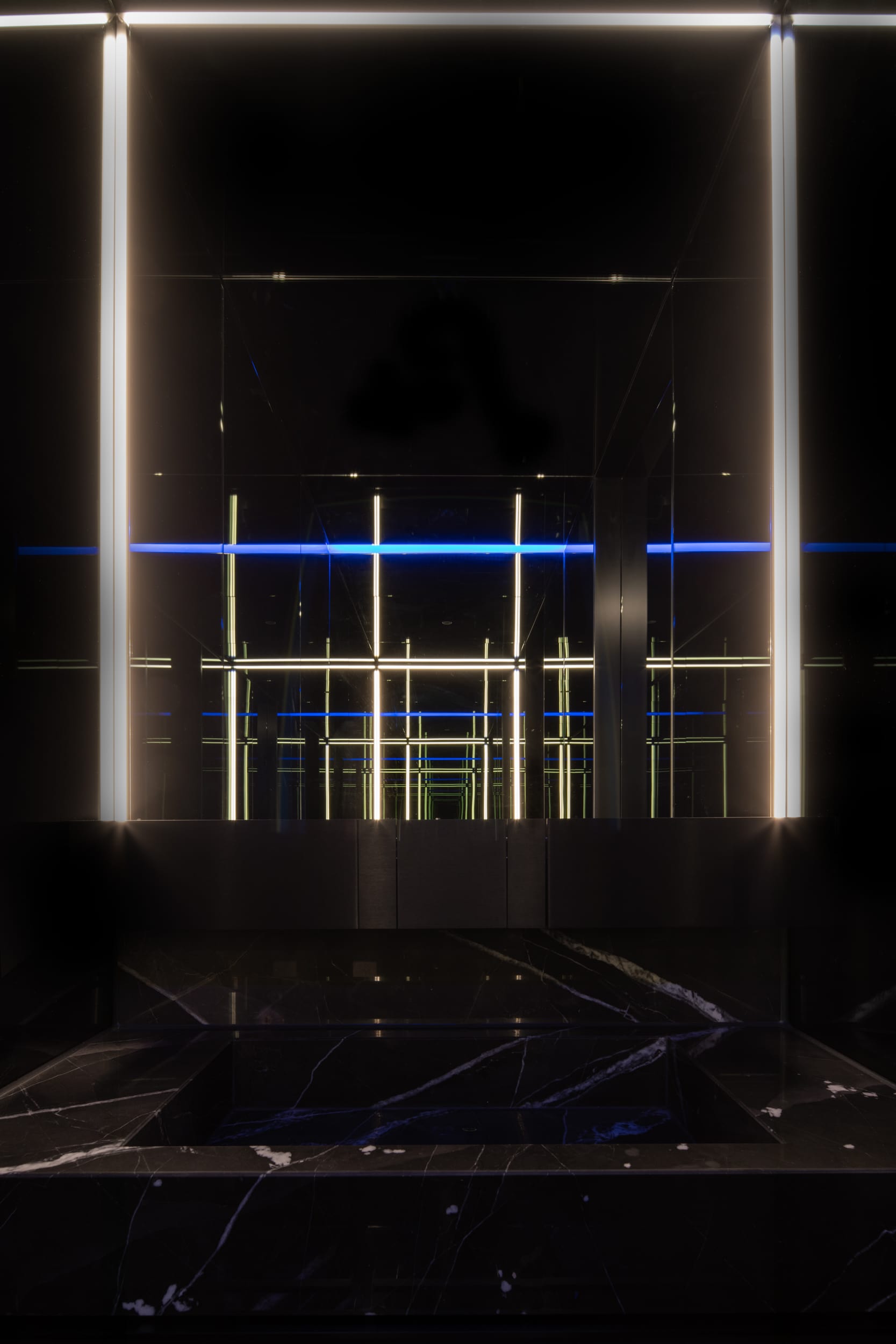 Interior Design Black Marble Mirror LED Lights blue agape powder room